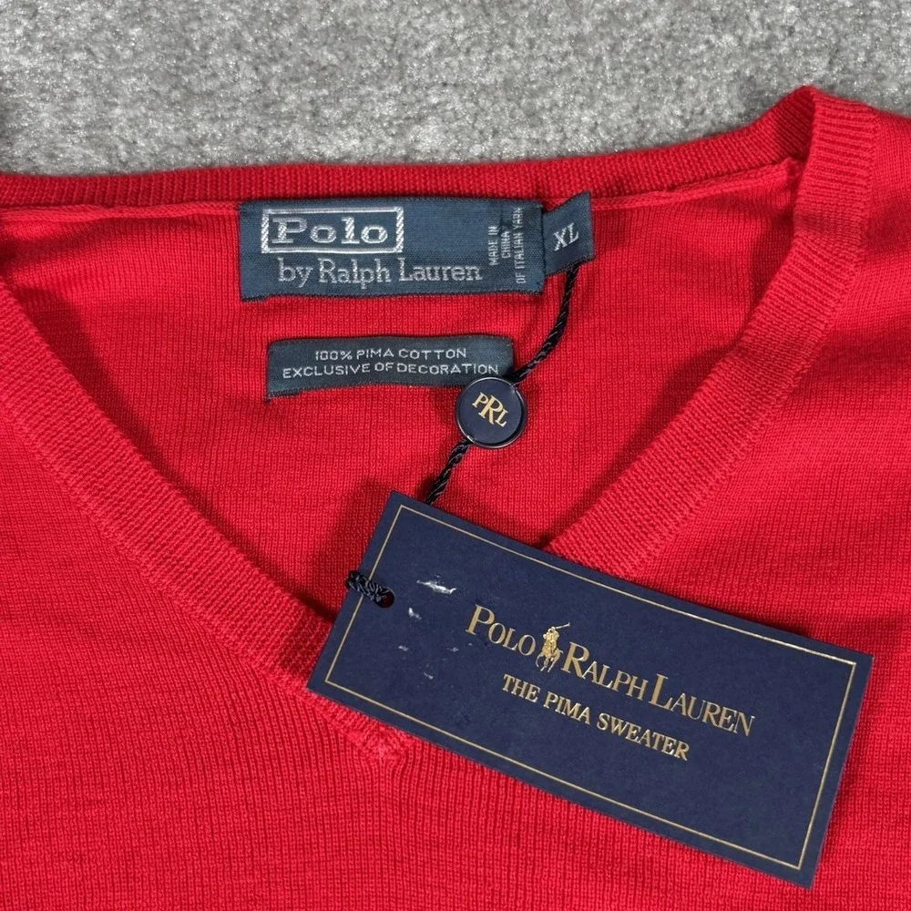 Vintage Polo Ralph Lauren Sweater Vest Mens L Red 100% Pima Cotton V Neck NWT